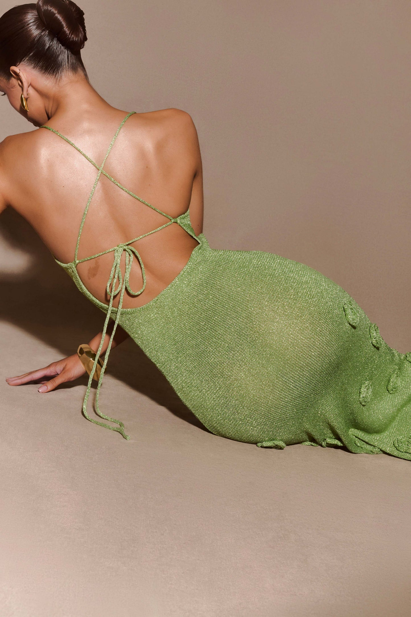 Rose Metallic Knit Maxi Dress – Beige