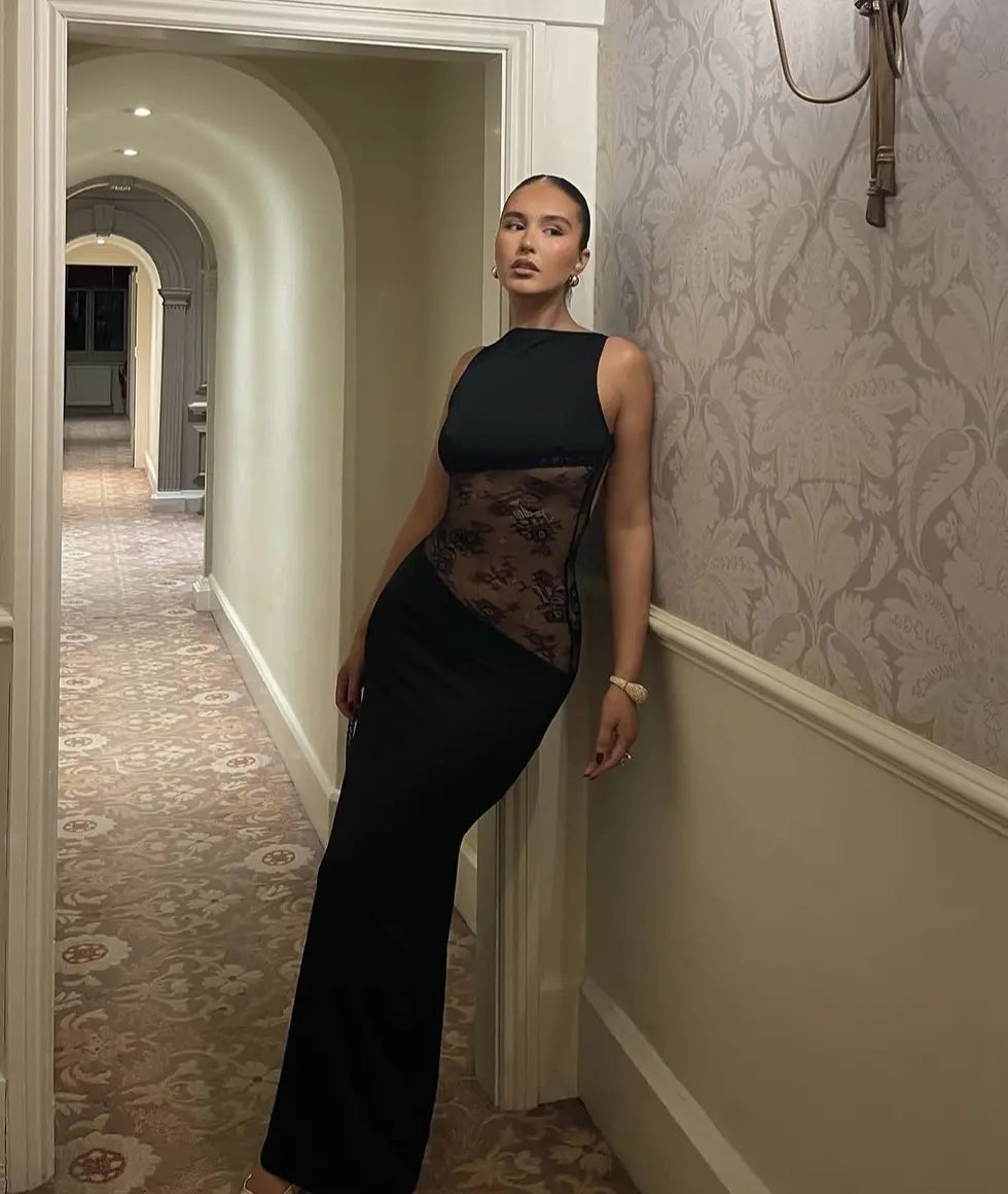 Lucinda Mesh-Waist Maxi Dress, Black