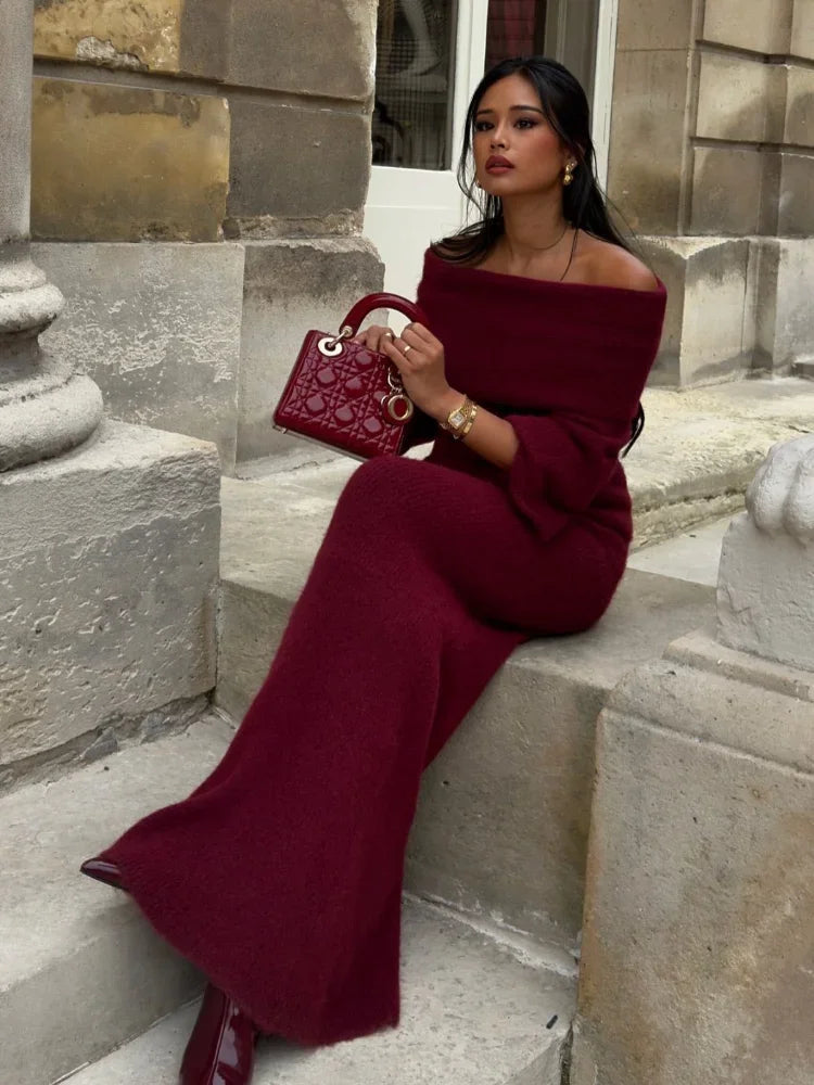Knitted Off Shoulder Long Sleeve Maxi Dress – Red