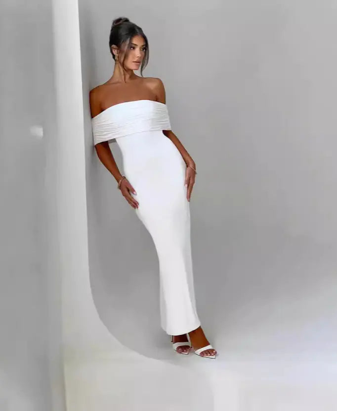 Sophie Black Off-Shoulder Maxi Dress with Ruched Low Back