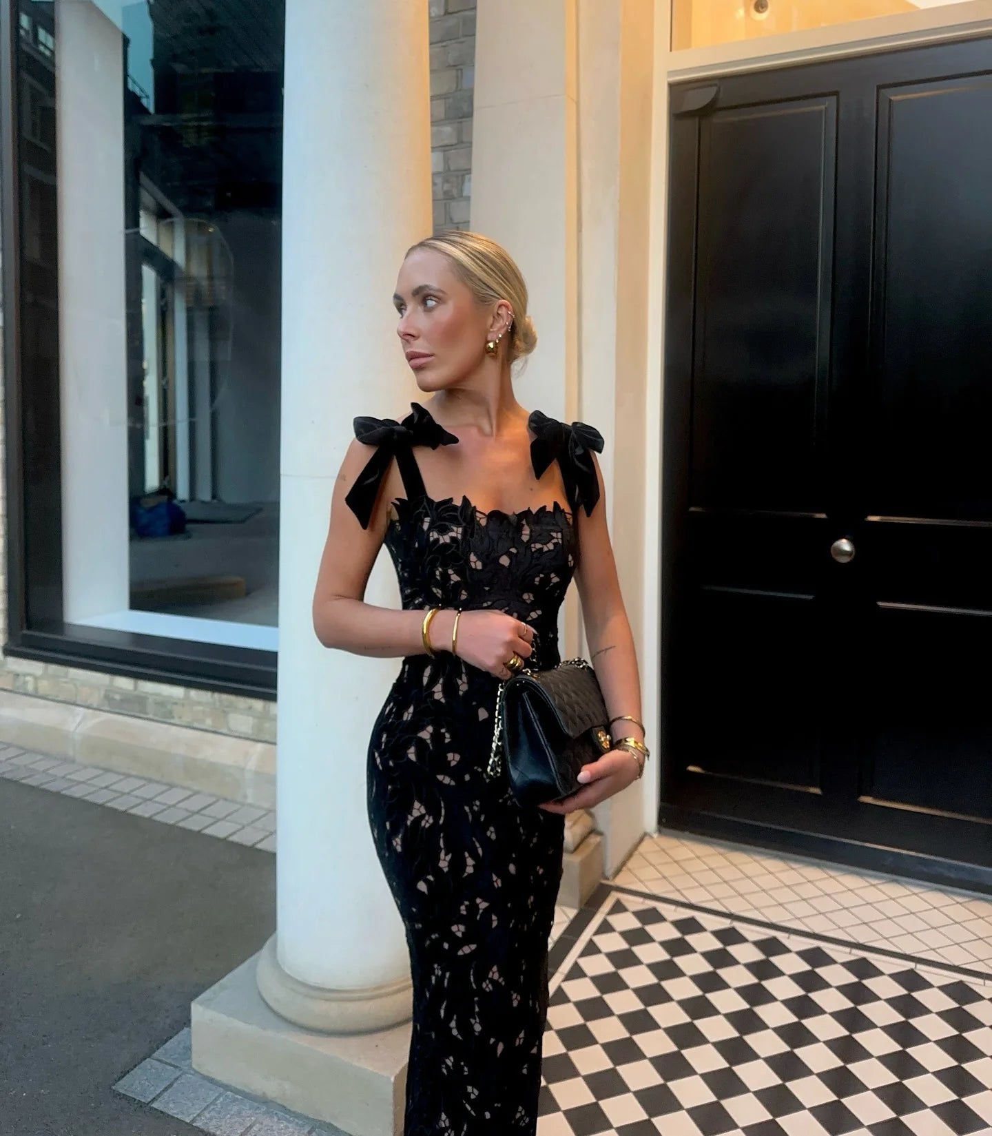 Tiff Velvet Lace Bow Tie Bodycon Dress, Black