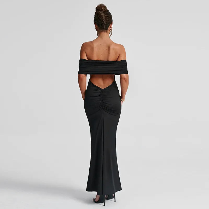 Sophie Red Off-Shoulder Maxi Dress with Ruched Low Back