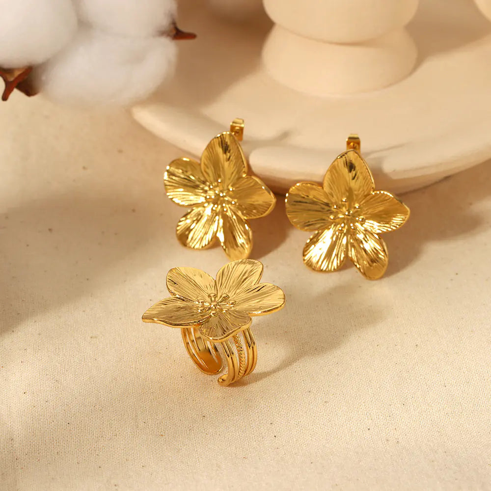 Vintage Gold Stainless Steel Flower Earrings & Ring
