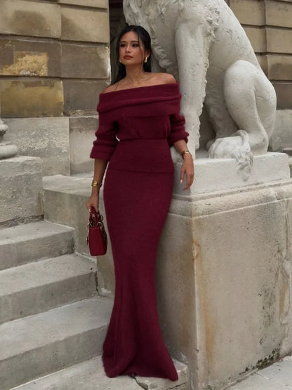 Knitted Off Shoulder Long Sleeve Maxi Dress – Red