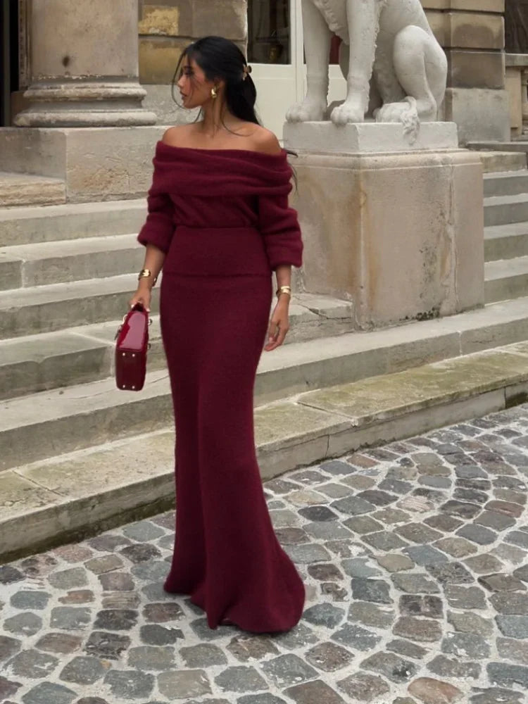 Knitted Off Shoulder Long Sleeve Maxi Dress – Red