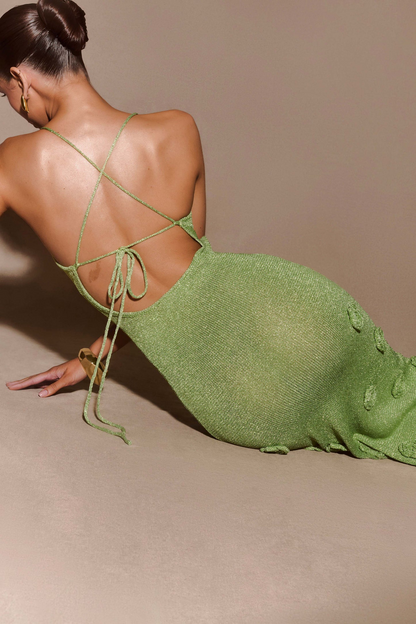 Rose Metallic Knit Maxi Dress – Beige