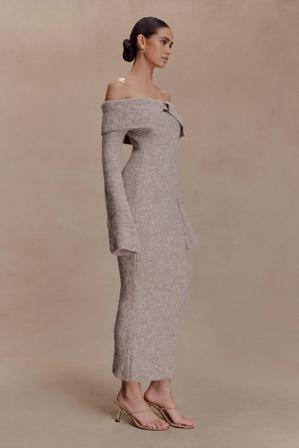 Fluffy Off-Shoulder Bardot Knit Midi Dress