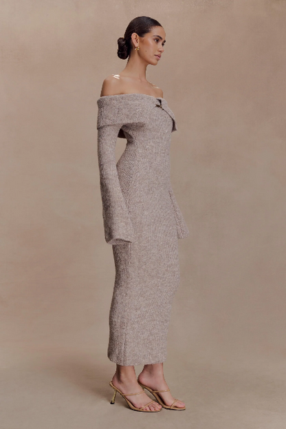 Fluffy Off-Shoulder Bardot Knit Midi Dress