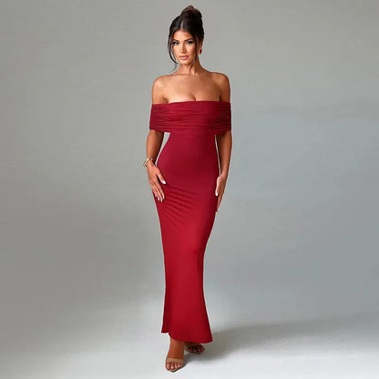 Sophie Red Off-Shoulder Maxi Dress with Ruched Low Back