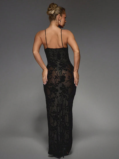 Allure Lace Velvet Maxi Dress with Floral Detail