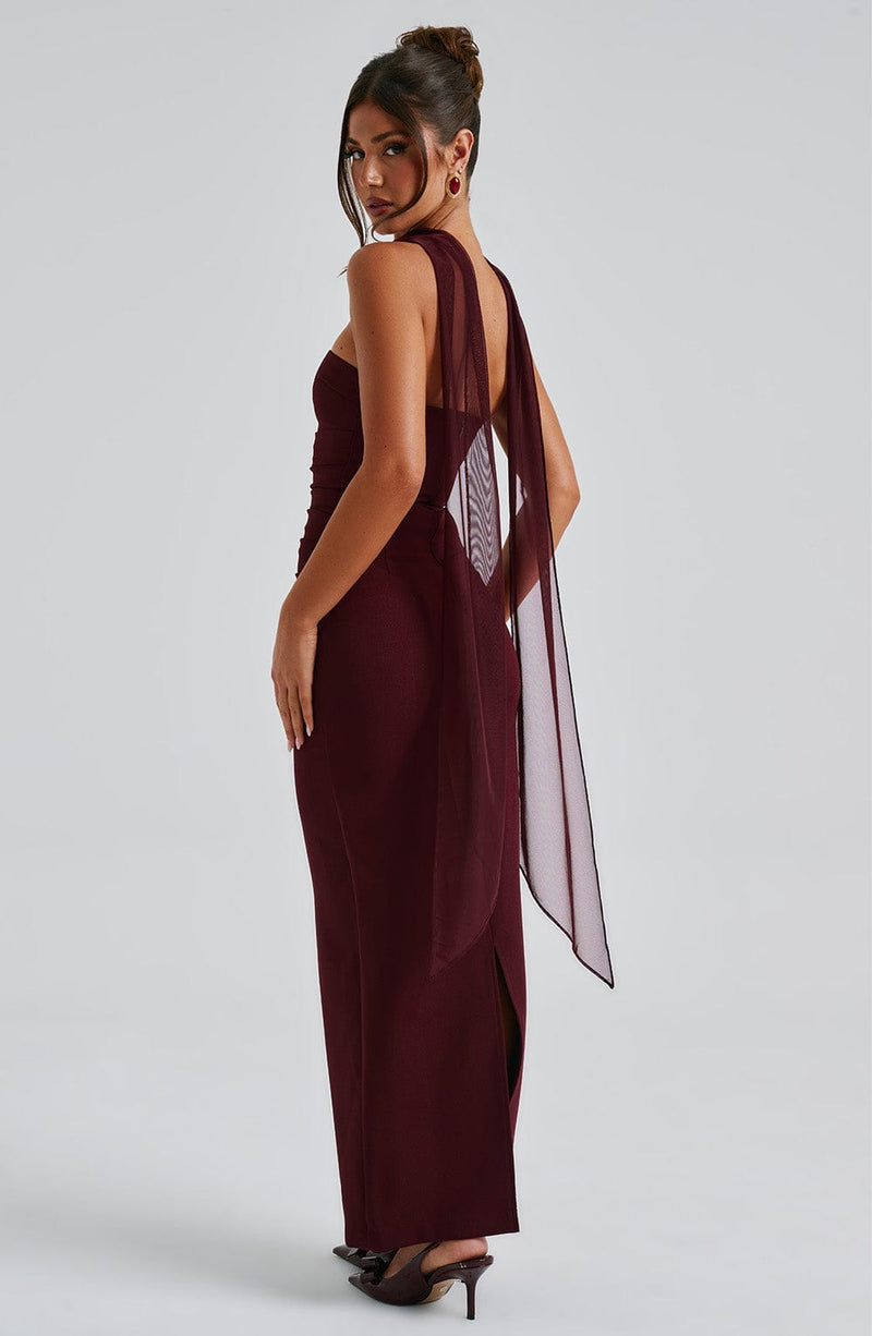 Julia Strapless Pleated Maxi Dress with Mesh Scarf, Wine