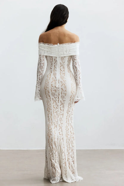 Rosie Off Shoulder Lace Maxi Dress – White