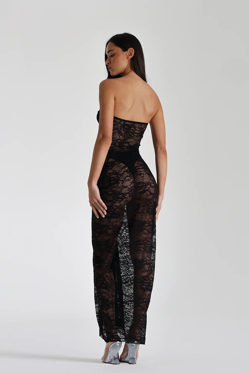 Naomi Ruched Knot Lace Maxi Dress, Black
