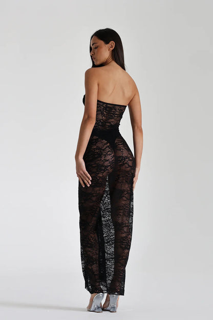 Naomi Ruched Knot Lace Maxi Dress, Black