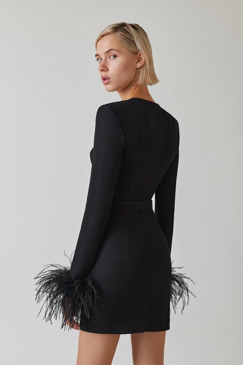 Square Neck Ostrich Feather Cuff Dress