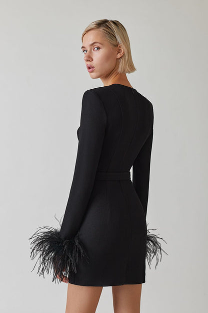 Square Neck Ostrich Feather Cuff Dress