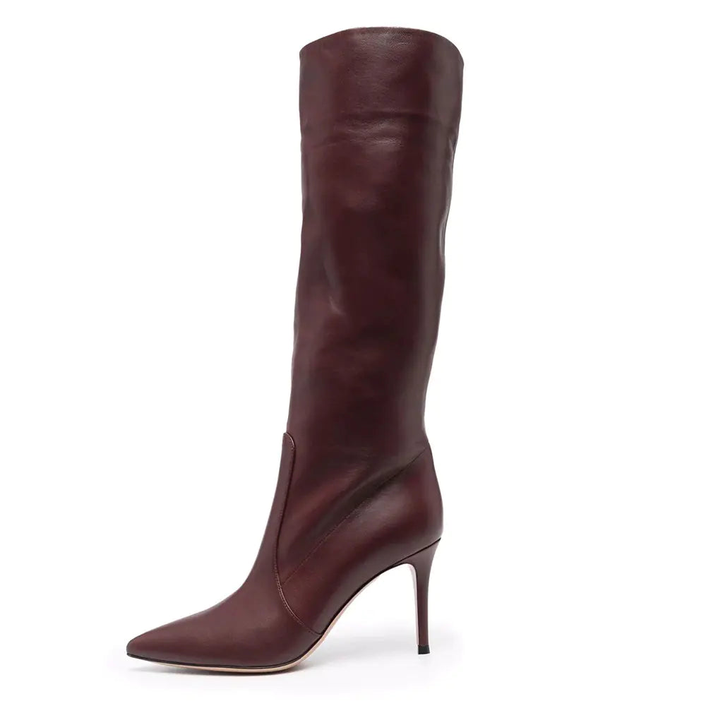 Burgundy PU Knee-High Pointed Toe Stiletto Boots