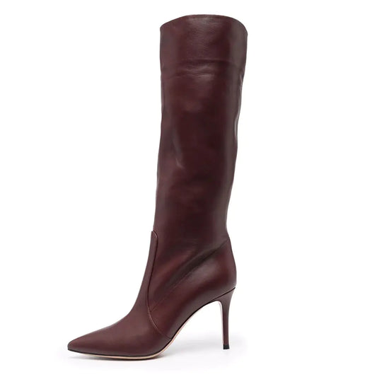 Burgundy PU Knee-High Pointed Toe Stiletto Boots