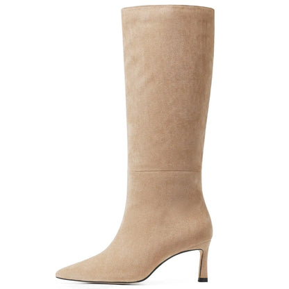Brown Suede Knee High Kitten Heel Boots