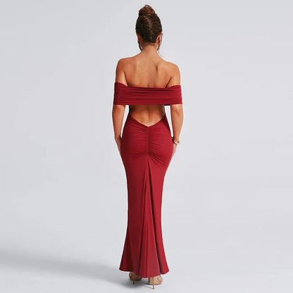 Sophie Red Off-Shoulder Maxi Dress with Ruched Low Back