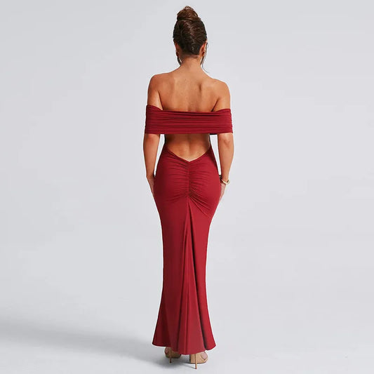 Sophie Red Off-Shoulder Maxi Dress with Ruched Low Back