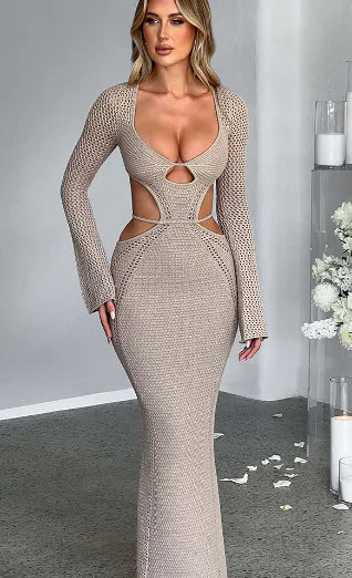 Nadine Crochet Cut-Out Maxi Dress – Black & Beige