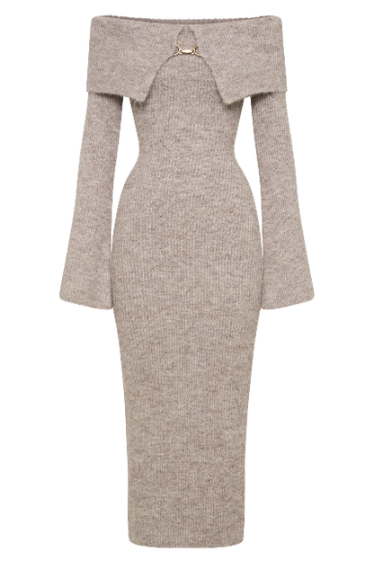 Fluffy Off-Shoulder Bardot Knit Midi Dress