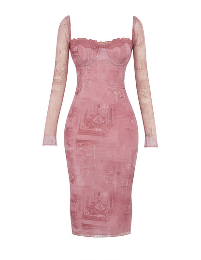 Pink Print Corset Bodycon Midi Dress with Lace Up Back