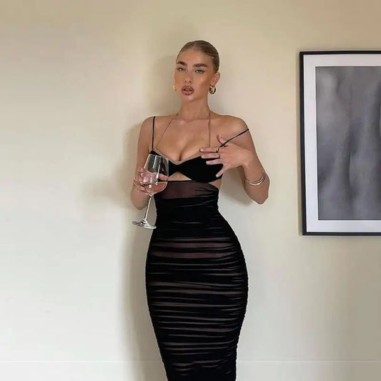 Ruched Spaghetti Strap Cutout Mesh Midi Dress, Black