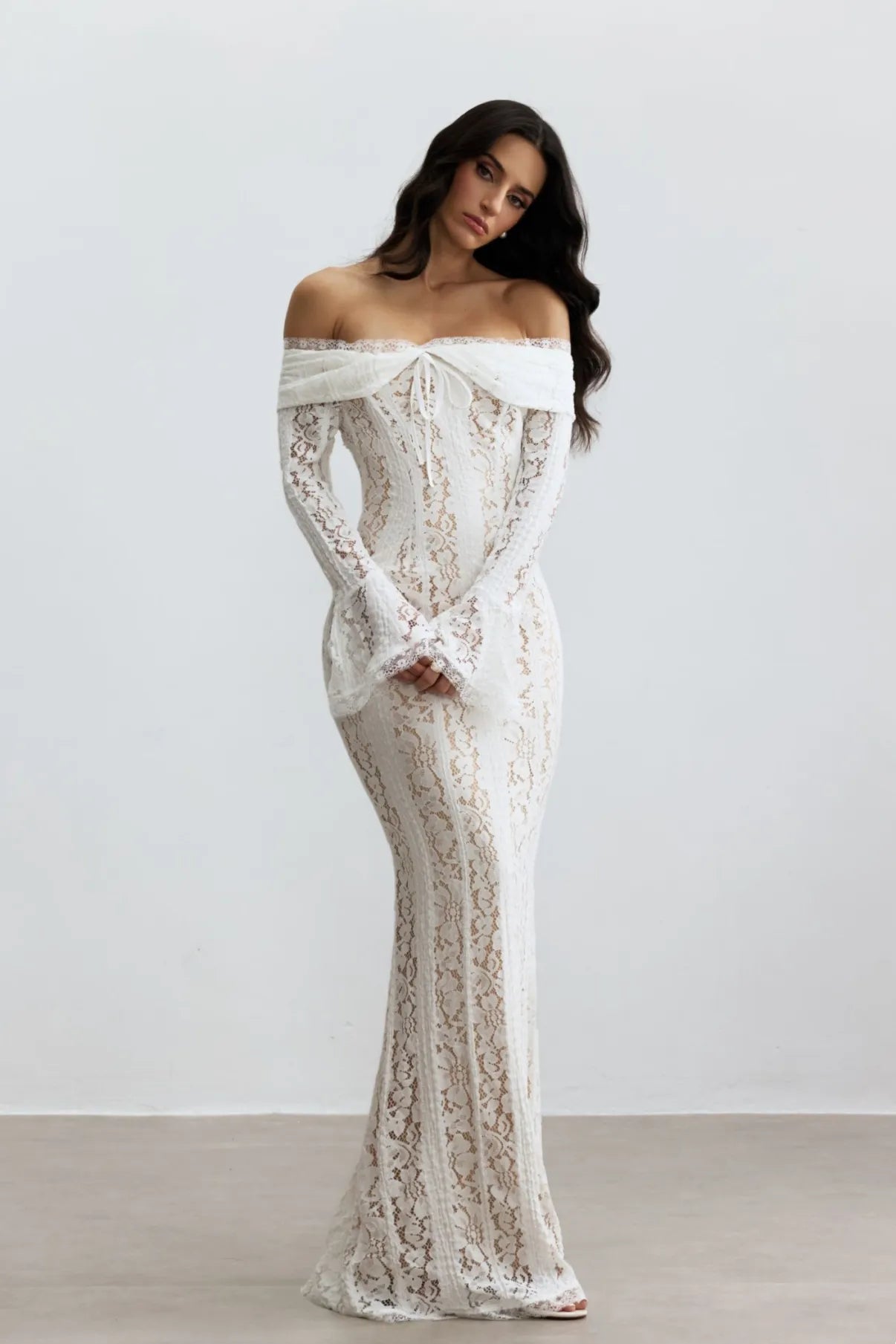 Rosie Off Shoulder Lace Maxi Dress – White