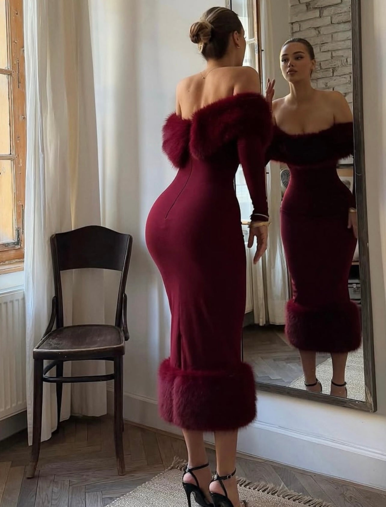 Victoria Midi Dress, Bardot Bodycon with Faux Fur Trim, Wine