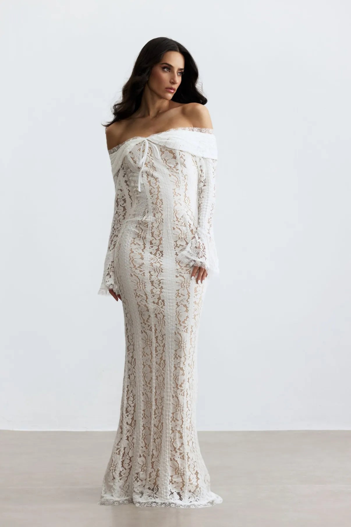 Rosie Off Shoulder Lace Maxi Dress – White