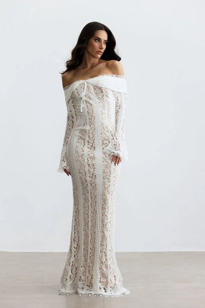 Rosie Off Shoulder Lace Maxi Dress – White