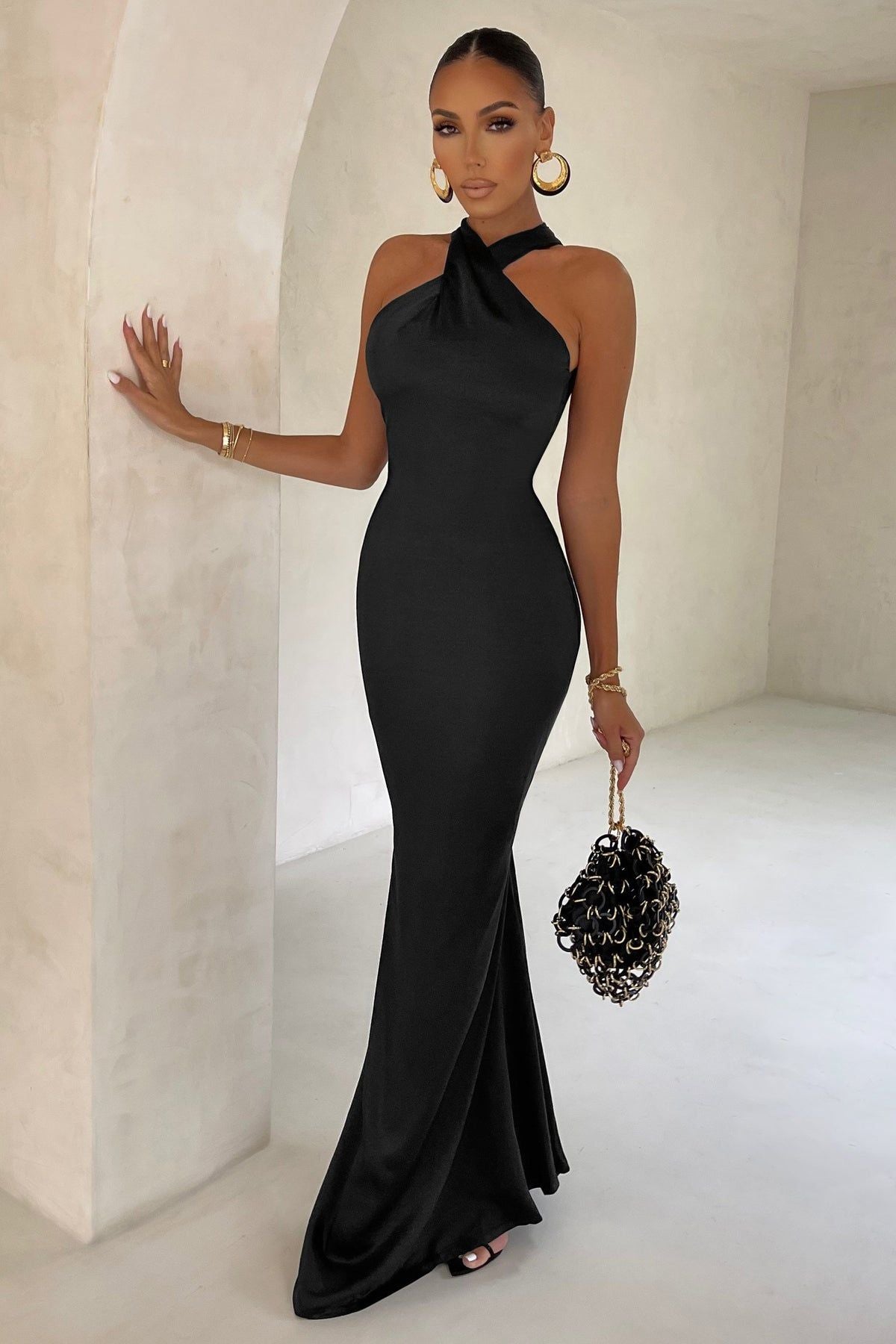 Zara Halter-Neck Satin Maxi Fishtail Dress, Black