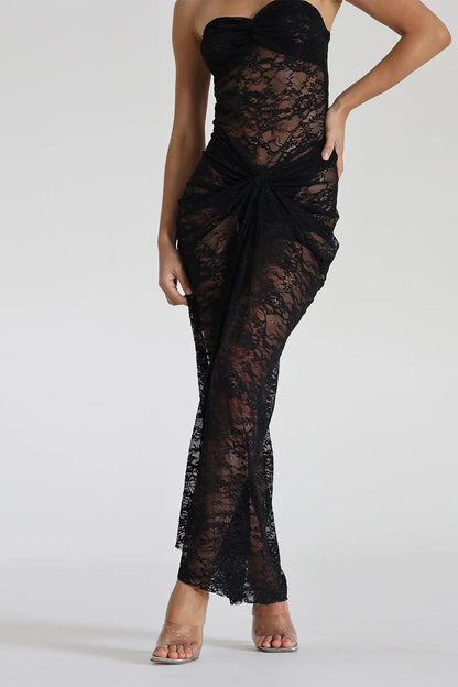 Naomi Ruched Knot Lace Maxi Dress, Black