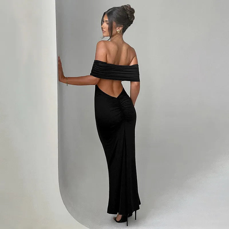 Sophie Red Off-Shoulder Maxi Dress with Ruched Low Back