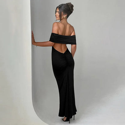 Sophie Red Off-Shoulder Maxi Dress with Ruched Low Back