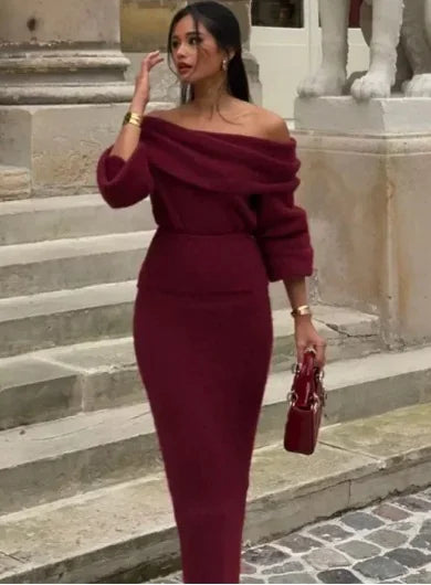 Knitted Off Shoulder Long Sleeve Maxi Dress – Red