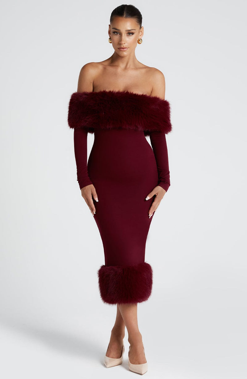 Victoria Midi Dress, Bardot Bodycon with Faux Fur Trim, Wine
