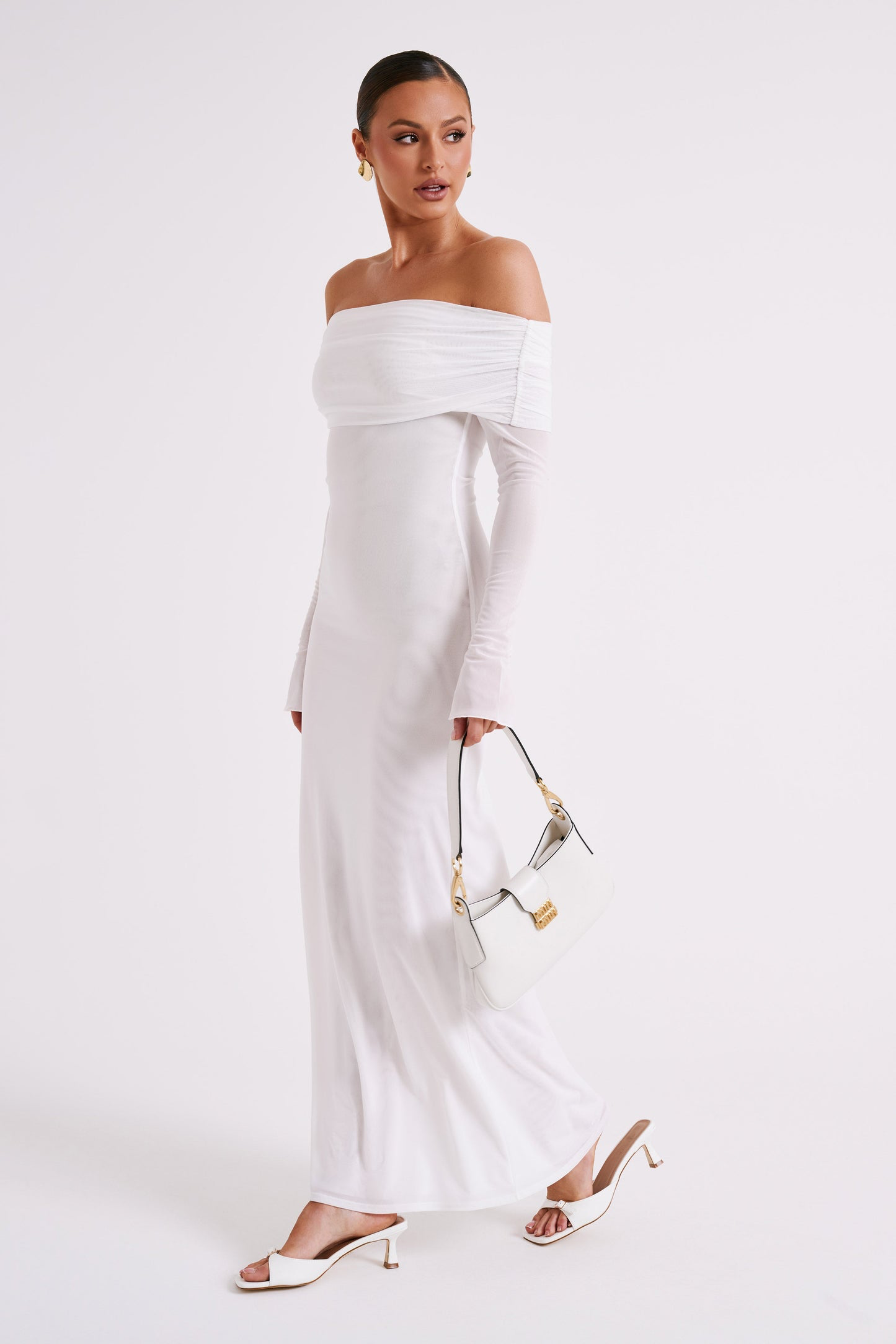 Megan Off Shoulder Mesh Maxi Dress – White