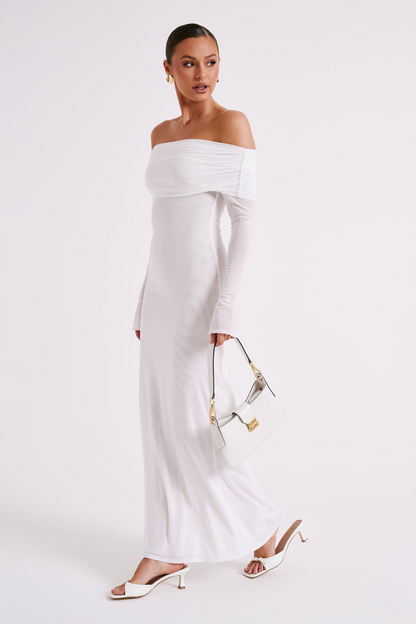 Megan Off Shoulder Mesh Maxi Dress – White