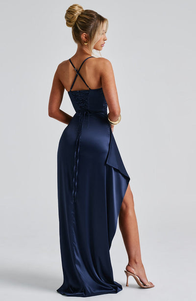 Twist Cowl Satin Maxi Dress with Draped Thigh Split, Navy