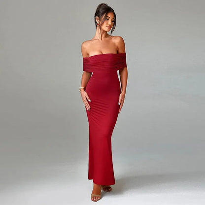 Sophie Red Off-Shoulder Maxi Dress with Ruched Low Back
