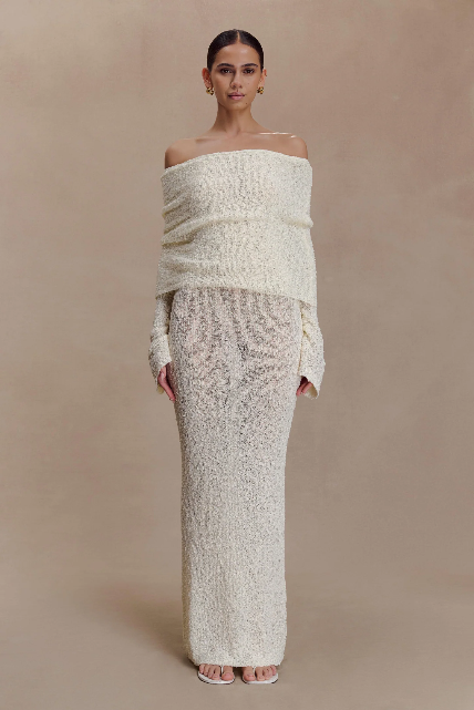 Mariellle Off Shoulder Boucle Maxi Dress - Ivory