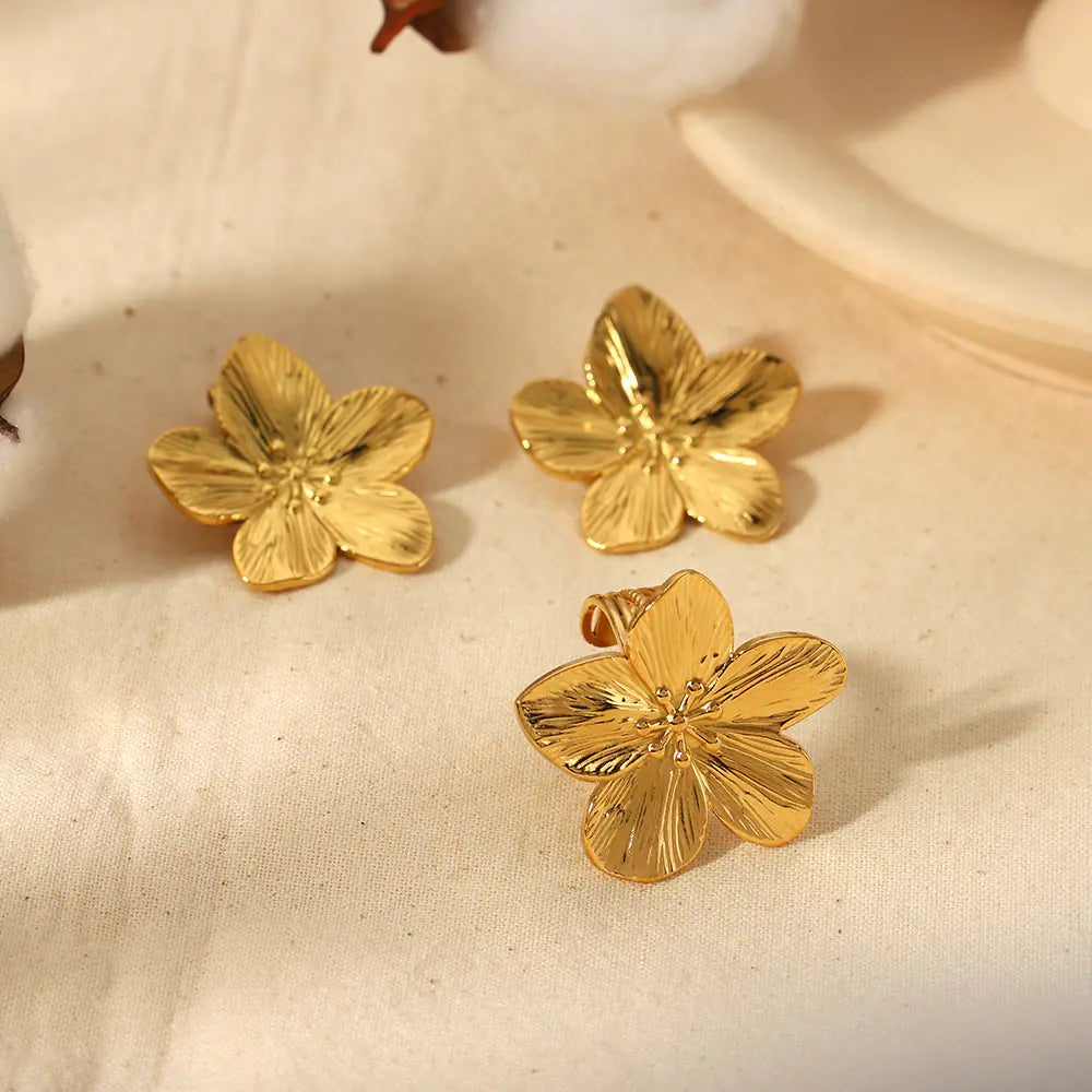Vintage Gold Stainless Steel Flower Earrings & Ring