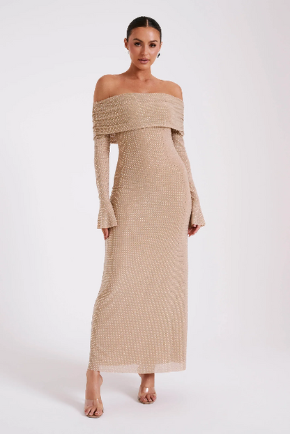 Rene Off Shoulder Diamante Maxi Dress, Gray & Beige