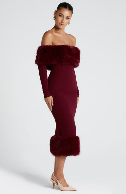 Victoria Midi Dress, Bardot Bodycon with Faux Fur Trim, Wine