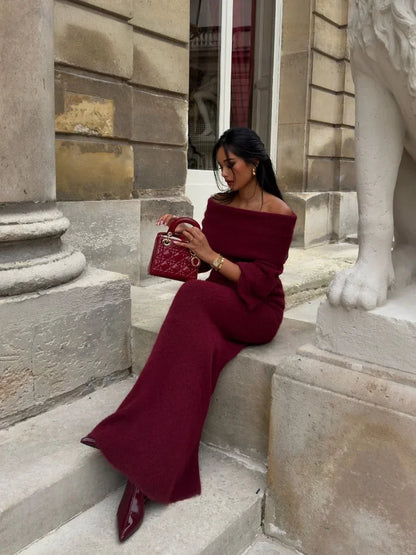 Knitted Off Shoulder Long Sleeve Maxi Dress – Red