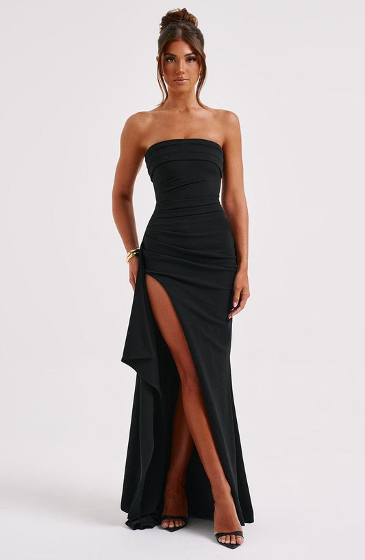 Timeless Strapless High Thigh Split Maxi Dress – Black