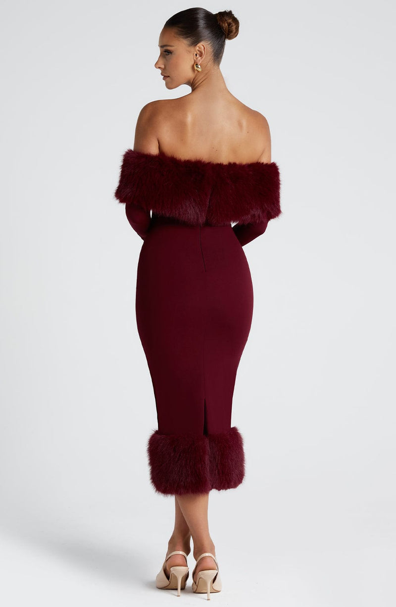 Victoria Midi Dress, Bardot Bodycon with Faux Fur Trim, Wine
